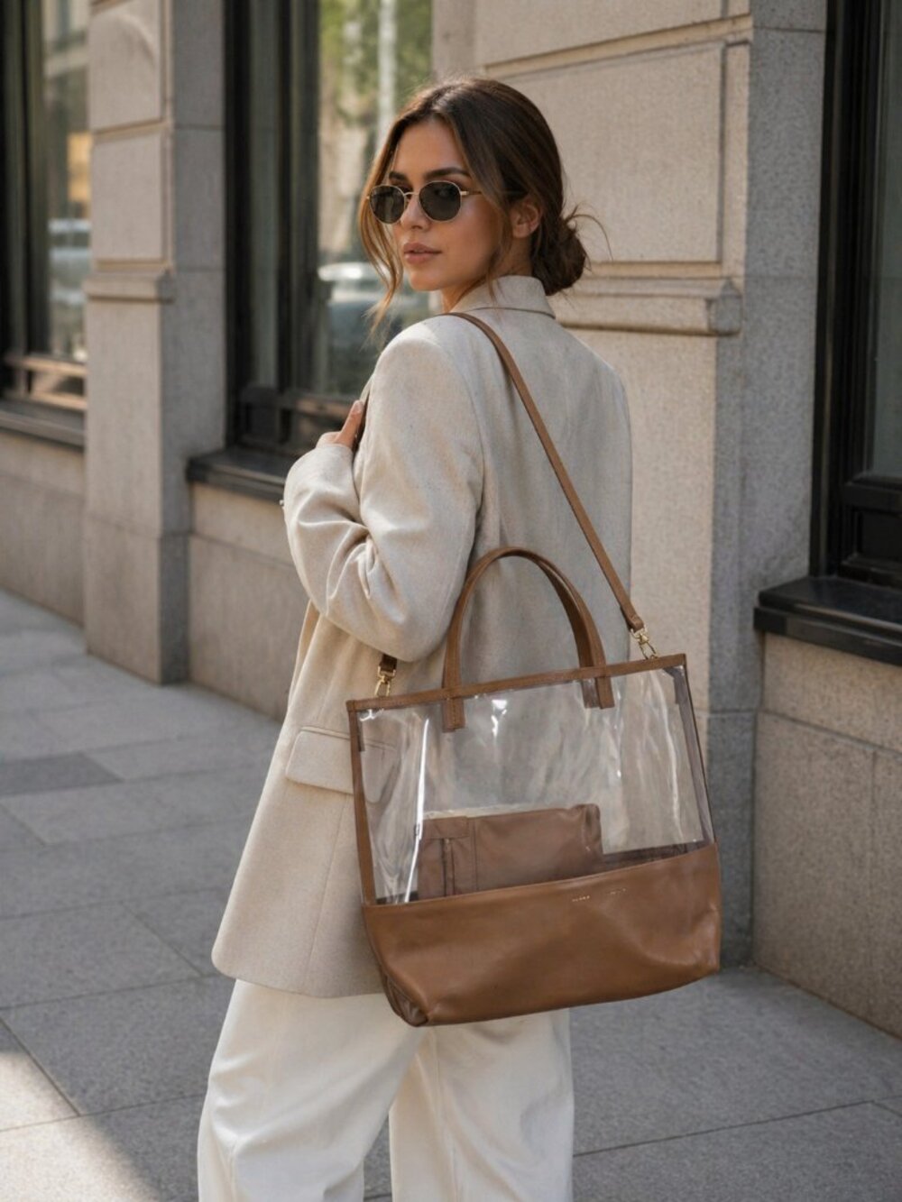 Alice+D Milano Clear Tote Bag Brown Leather Trim Transparent PVC Medium Shoulder